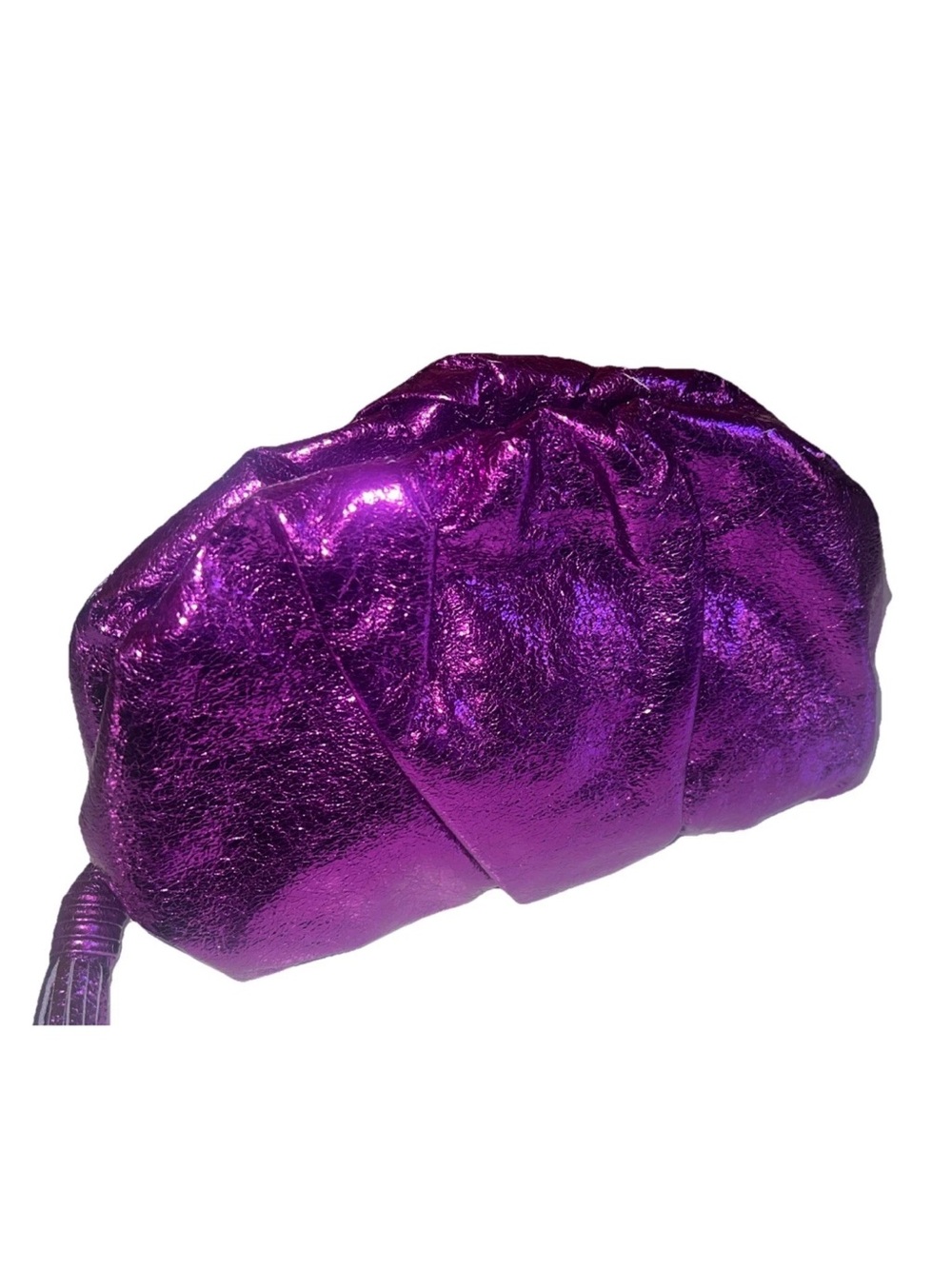 Purple Metallic Foil Ruffle Pleated Clutch Zip Tassel 80s Glamour Purse Handbag
